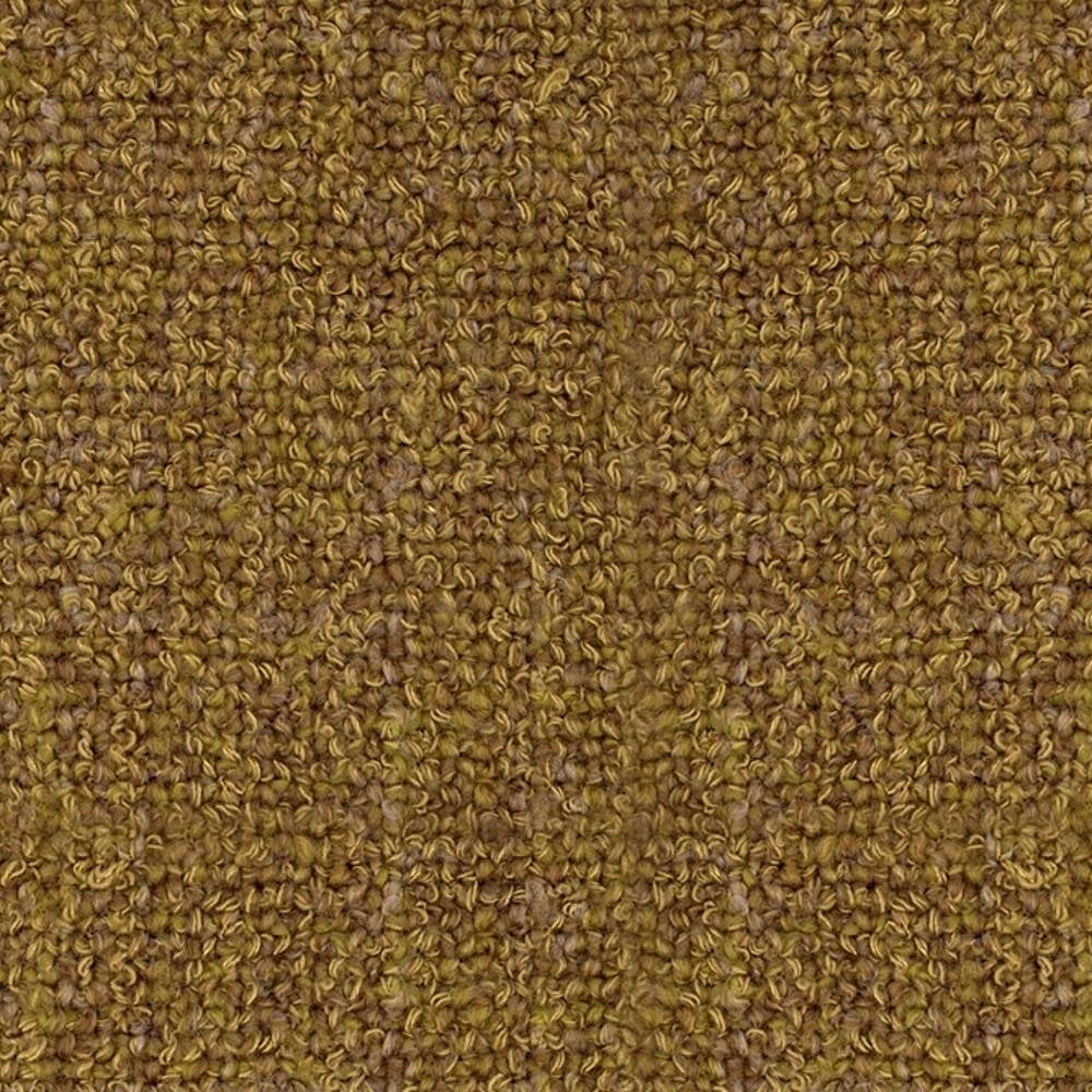 Close-up of golden-olive boucle upholstery fabric showing dense looped texture; wool-rayon-acrylic blend in a warm neutral tone for durable sofa upholstery.