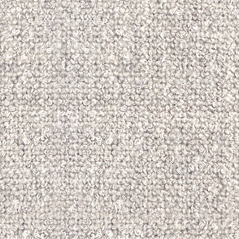 Close-up of cream boucle upholstery fabric showing dense looped wool-blend yarn texture for sofas, soft neutral tone with subtle heathering from rayon, acrylic and triacetate fibers.
