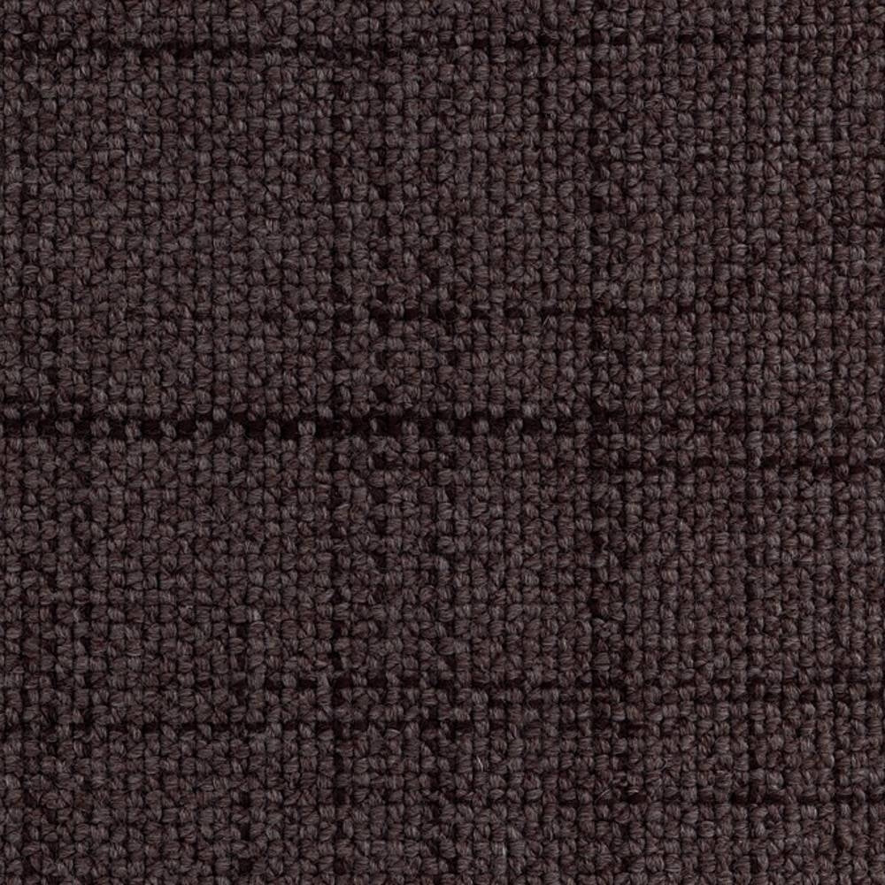 Close-up of dark brown windowpane upholstery fabric sample showing a subtle grid pattern and looped woven texture; composition 30% wool, 54% acrylic, 14% triacetate, ideal for sofas and office seating.