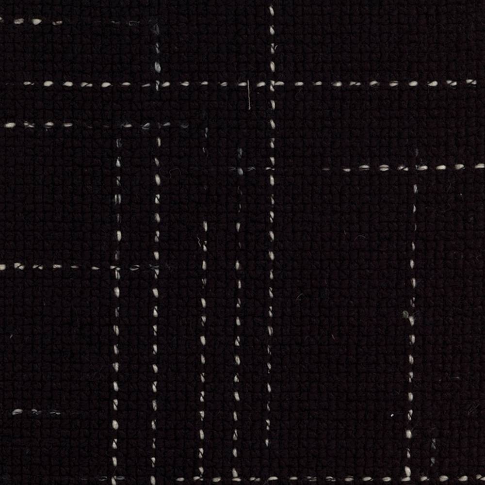 Close-up of black windowpane upholstery fabric in a 30% wool, 54% acrylic, 14% triacetate blend, showing textured weave and thin white stitched grid lines for contemporary, modern sofas or office seating.