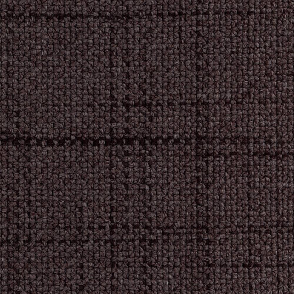 Close-up of dark brown windowpane upholstery fabric sample showing a subtle grid pattern and looped woven texture; composition 30% wool, 54% acrylic, 14% triacetate, ideal for sofas and office seating.