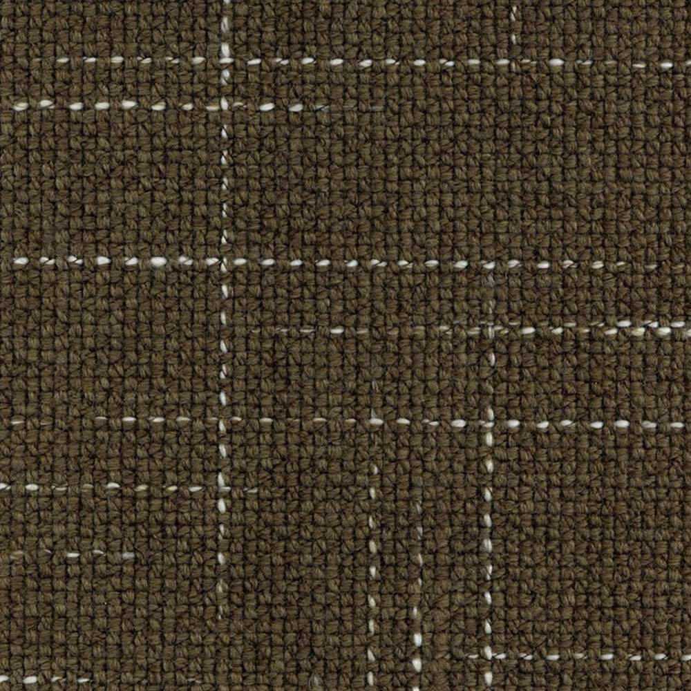 Close-up of olive-brown windowpane upholstery fabric with white stitched grid and chunky woven texture; 30% wool, 54% acrylic, 14% triacetate, designed for contemporary sofas and office seating.