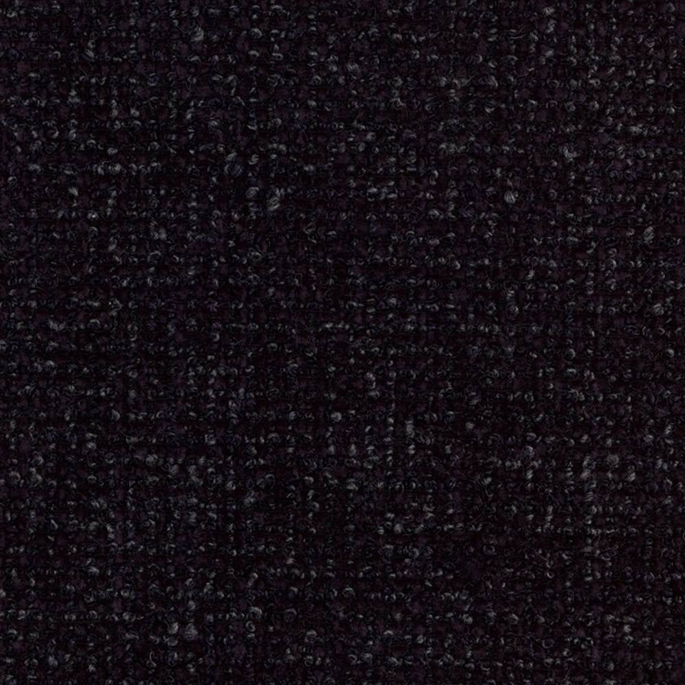Close-up of dark charcoal boucle-look upholstery fabric for modern sofas, showing tight looped texture and subtle tonal flecks; 30% wool, 42% acrylic, 28% triacetate blend with contract-grade durability.