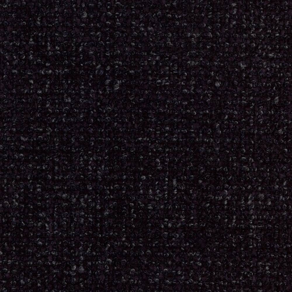 Close-up of dark charcoal boucle-look upholstery fabric for modern sofas, showing tight looped texture and subtle tonal flecks; 30% wool, 42% acrylic, 28% triacetate blend with contract-grade durability.