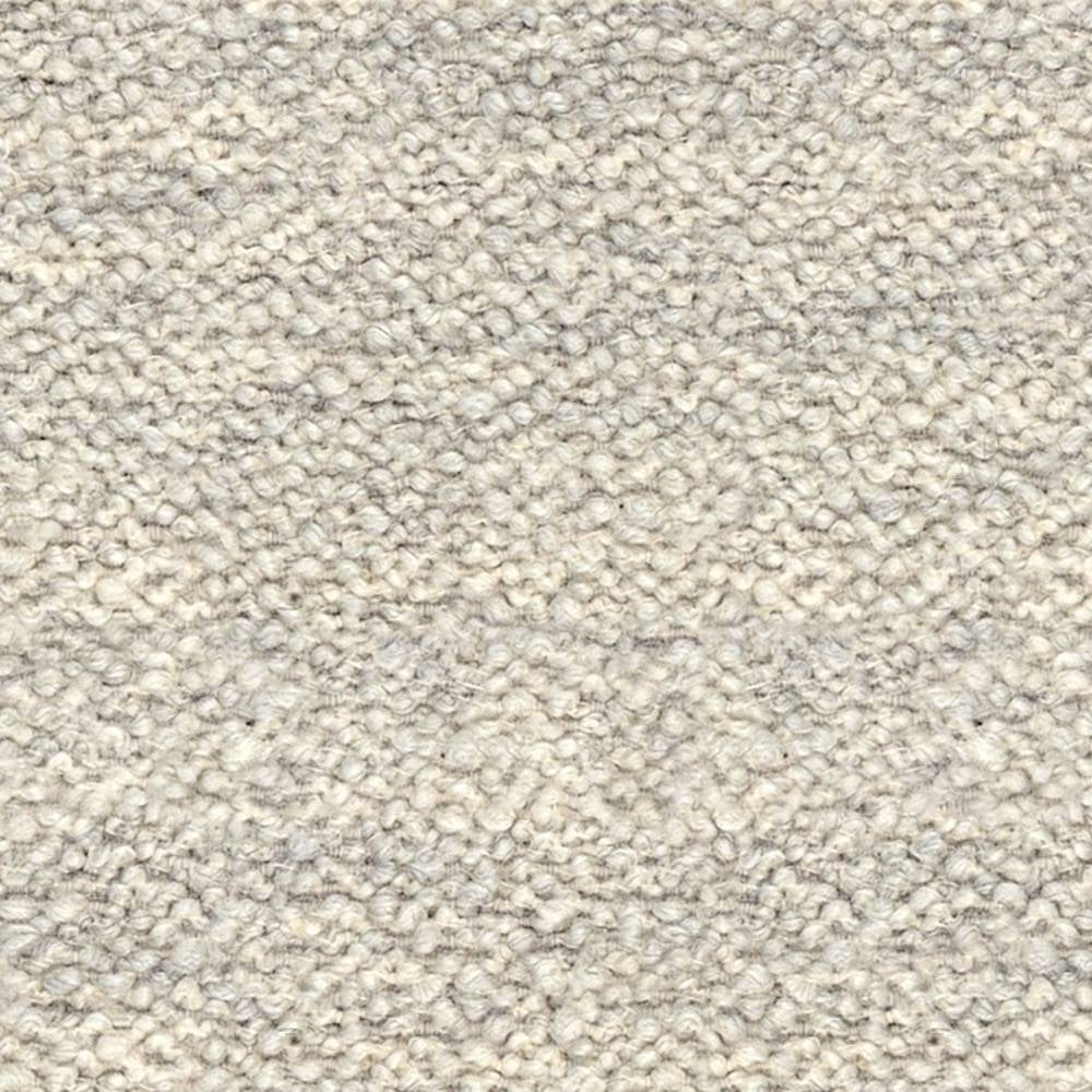 Close-up of neutral cream boucle upholstery fabric showing tight looped, nubby texture; wool-blend composition (12% wool, 25% acrylic, 63% triacetate) suitable for contemporary sofa upholstery.