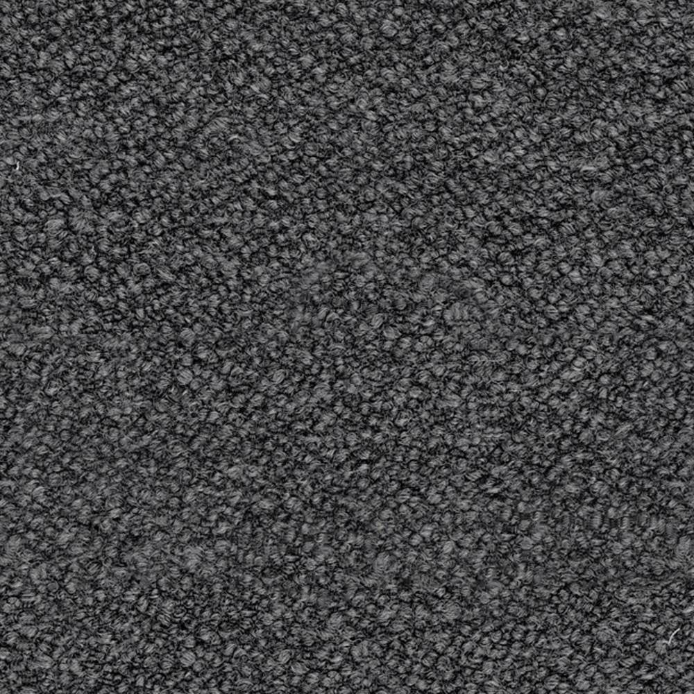 Close-up of charcoal boucle upholstery fabric showing dense looped texture; contemporary neutral fabric in a 12% wool, 25% acrylic, 63% triacetate blend suitable for sofas.