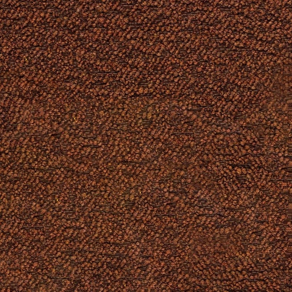 Close-up of plush rust-brown boucle upholstery fabric in a 12% wool, 24% acrylic, 64% triacetate blend, showing dense looped texture and warm tones for sofa upholstery.