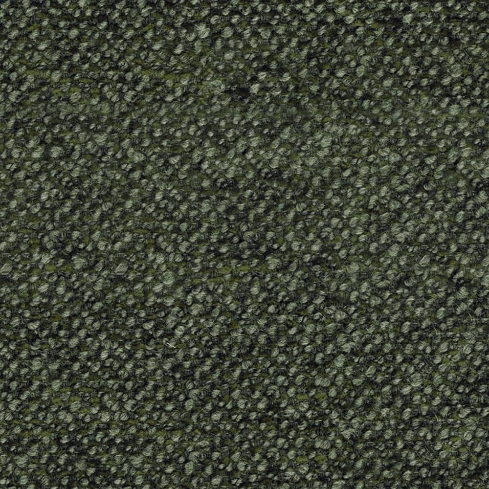 Close-up of olive green boucle upholstery fabric with tight looped texture, showing soft wool-blend yarns and subtle color variation ideal for contemporary sofa upholstery.