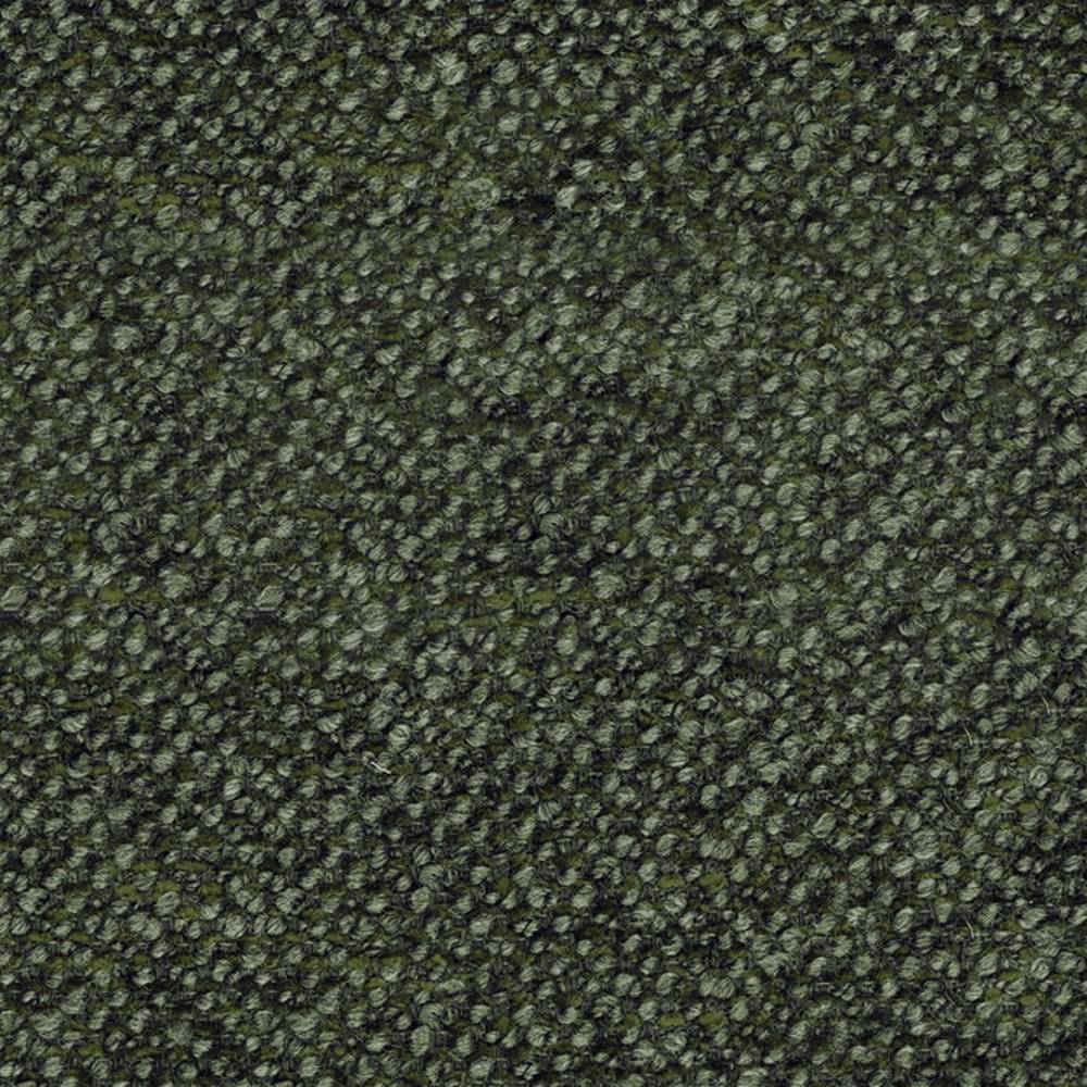 Close-up of olive green boucle upholstery fabric with tight looped texture, showing soft wool-blend yarns and subtle color variation ideal for contemporary sofa upholstery.
