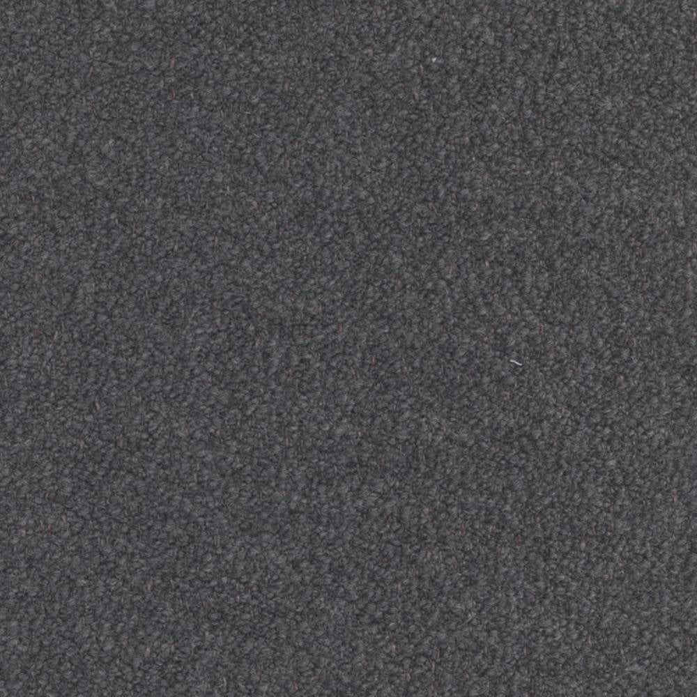 Close-up of a dark charcoal felted wool‑look boucle upholstery fabric swatch showing dense, soft textured loops; 20% wool, 25% acrylic, 5% linen, 10% rayon, 40% triacetate blend for sofas.