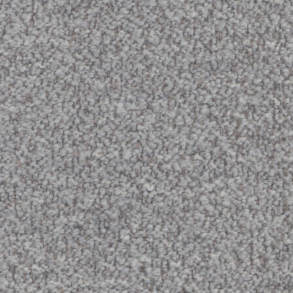 Close-up of light gray felted wool-look boucle upholstery fabric, showing soft looped texture and neutral tone; wool, acrylic, linen, rayon and triacetate blend for durable sofa upholstery.