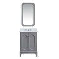 Freestanding 30-inch cashmere grey wood bathroom vanity with white Carrara marble countertop and backsplash, decorative raised-panel doors with chrome knobs, classic chrome faucet, and matching tall framed mirror.