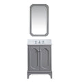 Freestanding 30-inch cashmere grey wood bathroom vanity with white Carrara marble countertop and backsplash, decorative raised-panel doors with chrome knobs, classic chrome faucet, and matching tall framed mirror.