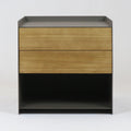 Minimalist two-drawer nightstand with natural solid wood drawer fronts set in a matte gray brushed-steel frame, featuring a recessed top edge and an open lower shelf for extra storage.