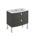 Freestanding modern single-sink bathroom vanity with solid wood anthracite cabinet, white integrated ceramic sink top, two curved drawers with chrome loop handles and square chrome legs.