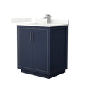 Freestanding 30-inch modern navy solid wood bathroom vanity with white stone countertop and low backsplash, integrated ceramic sink, square brushed-nickel faucet and matching bar handles on a two-door cabinet.