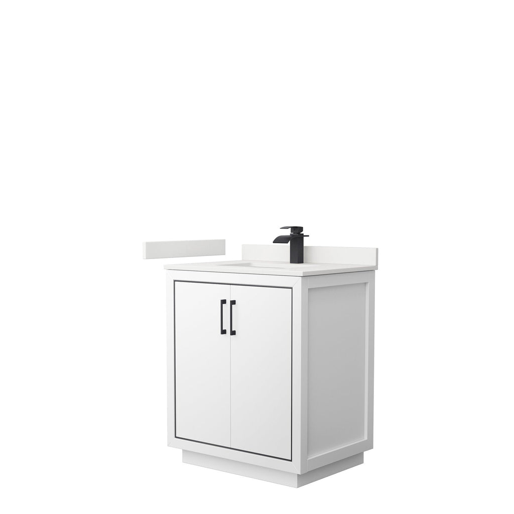 Freestanding 30-inch modern solid wood bathroom vanity in stone finish with a stone countertop and integrated rectangular sink, matte black single-handle faucet and matching black handles on a two-door storage cabinet.