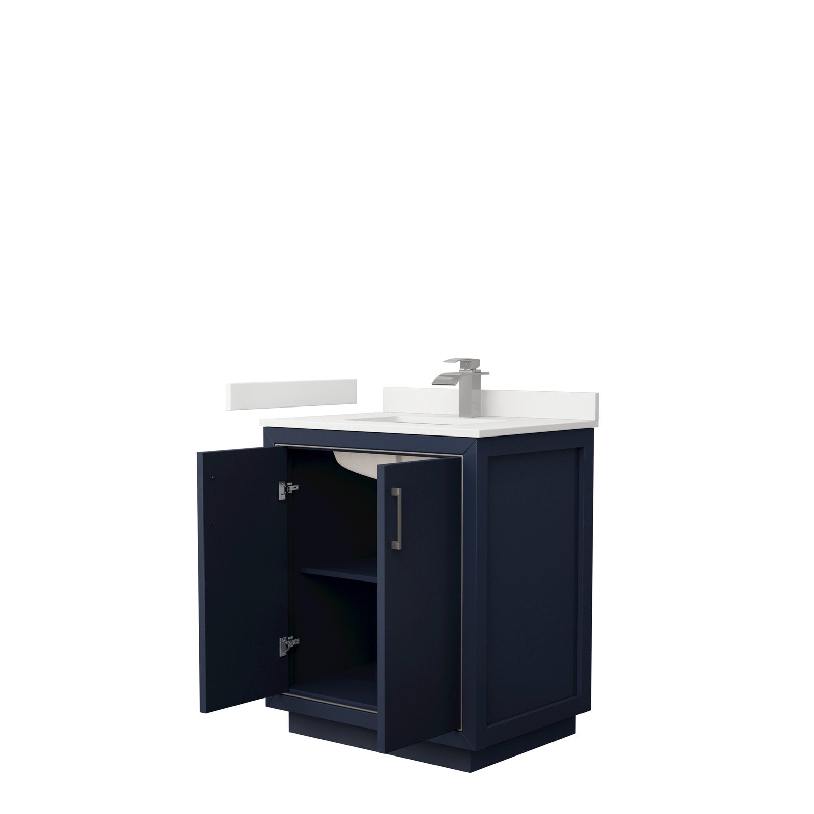 Modern solid-wood 30-inch single-sink vanity in deep navy with a white stone countertop, brushed-nickel faucet and two open cabinet doors revealing an internal shelf.