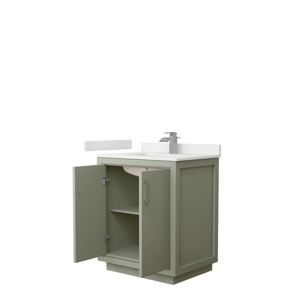 30-inch solid wood single-sink bathroom vanity in stone finish with white stone top and integrated ceramic sink, modern single-handle faucet and two-door cabinet with interior shelf; doors shown open to reveal storage.