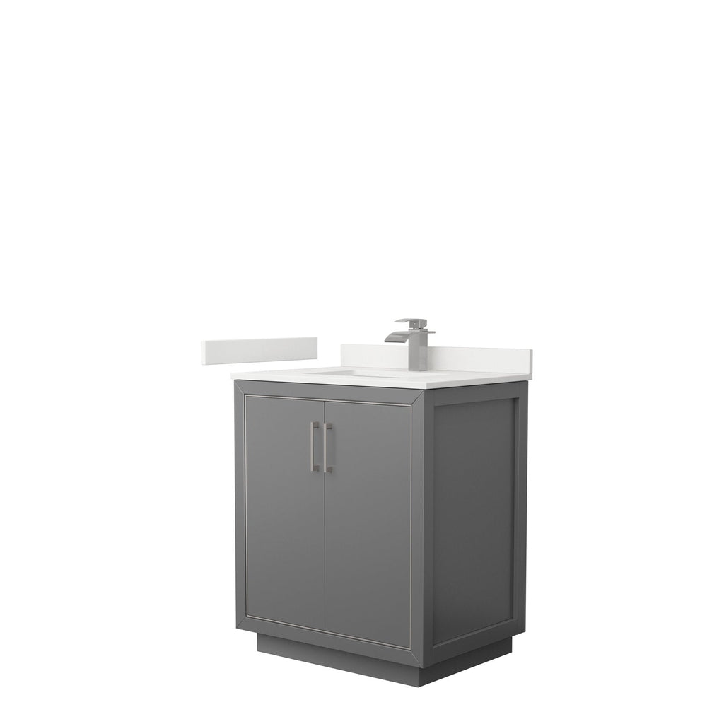 Freestanding 30-inch modern solid wood bathroom vanity in stone gray with a white stone top, integrated rectangular ceramic sink, brushed nickel single-handle faucet and two soft-close storage doors.