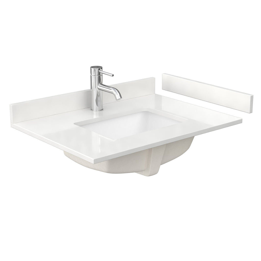 Stone-colored vanity top with integrated rectangular sink, chrome single-hole faucet, and matching removable backsplash in a modern freestanding style, shown from an angled perspective.