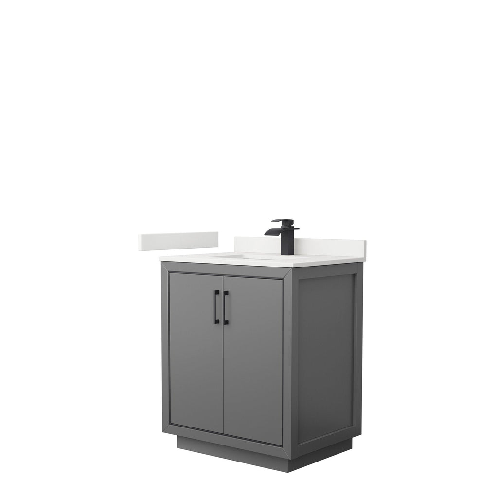 30-inch modern solid wood bathroom vanity in stone finish with white stone countertop, integrated ceramic sink, matte black single-handle faucet and two-door cabinet with black handles.