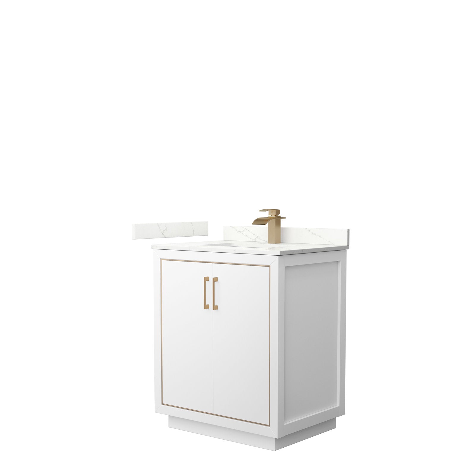 Freestanding 30-inch white solid wood bathroom vanity with a stone top and backsplash, integrated ceramic sink, and brushed gold faucet with matching gold handles in a modern, contemporary design.