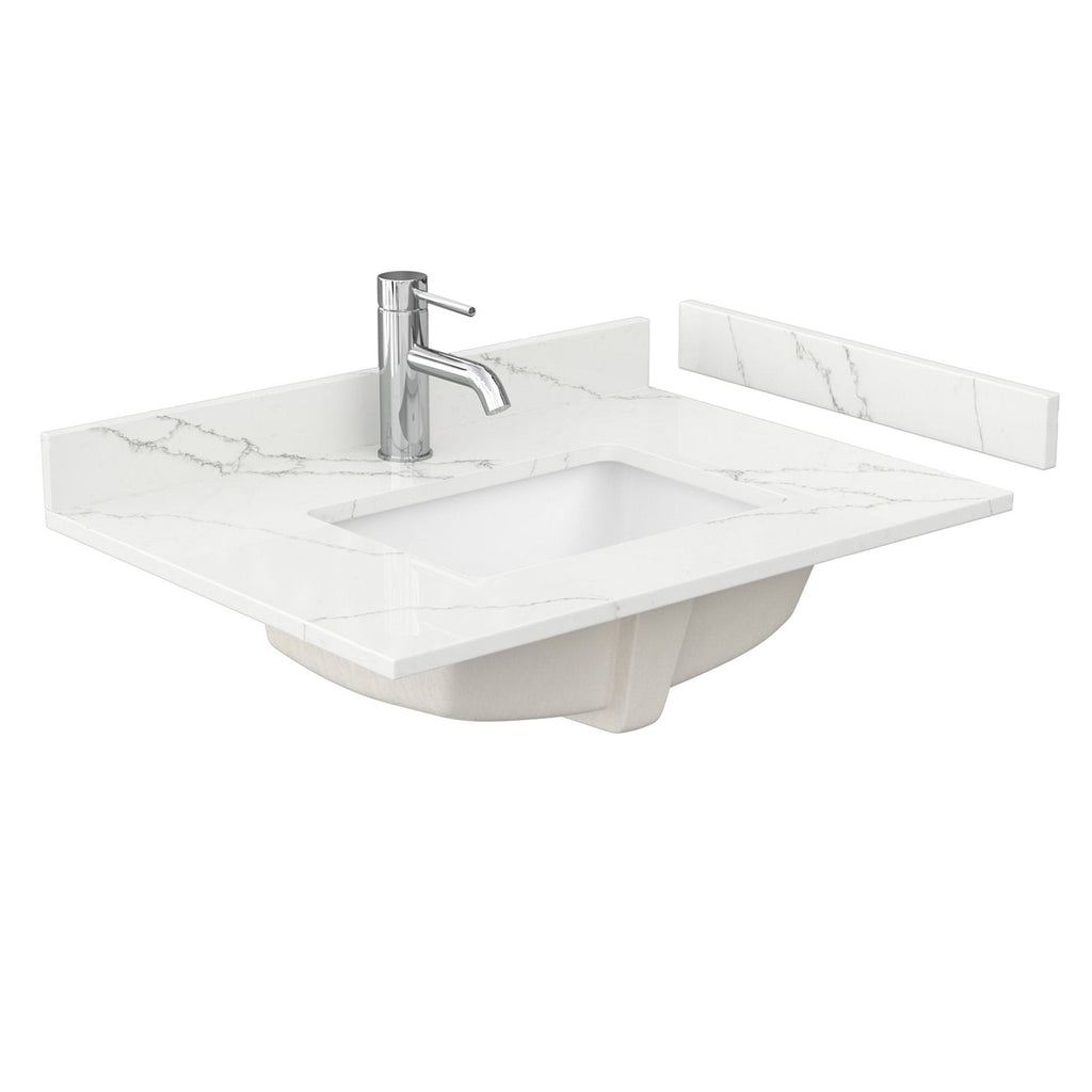 White stone vanity top with subtle gray marble veining, integrated rectangular undermount ceramic sink, single-handle chrome faucet and a separate matching stone backsplash strip.