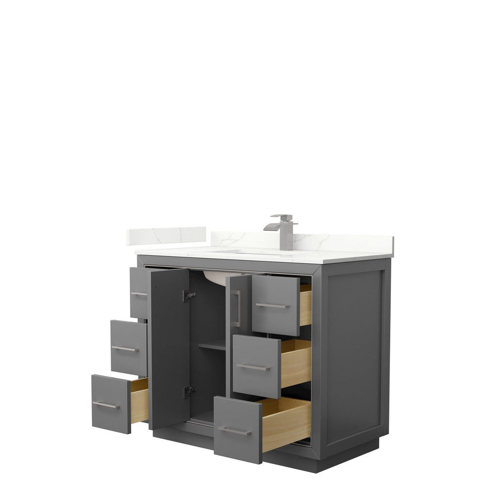 42-inch modern solid wood bathroom vanity in gray with a white stone top and integrated ceramic sink, single brushed-nickel faucet, six open drawers showing light wood interiors and a central cabinet for plumbing and storage.