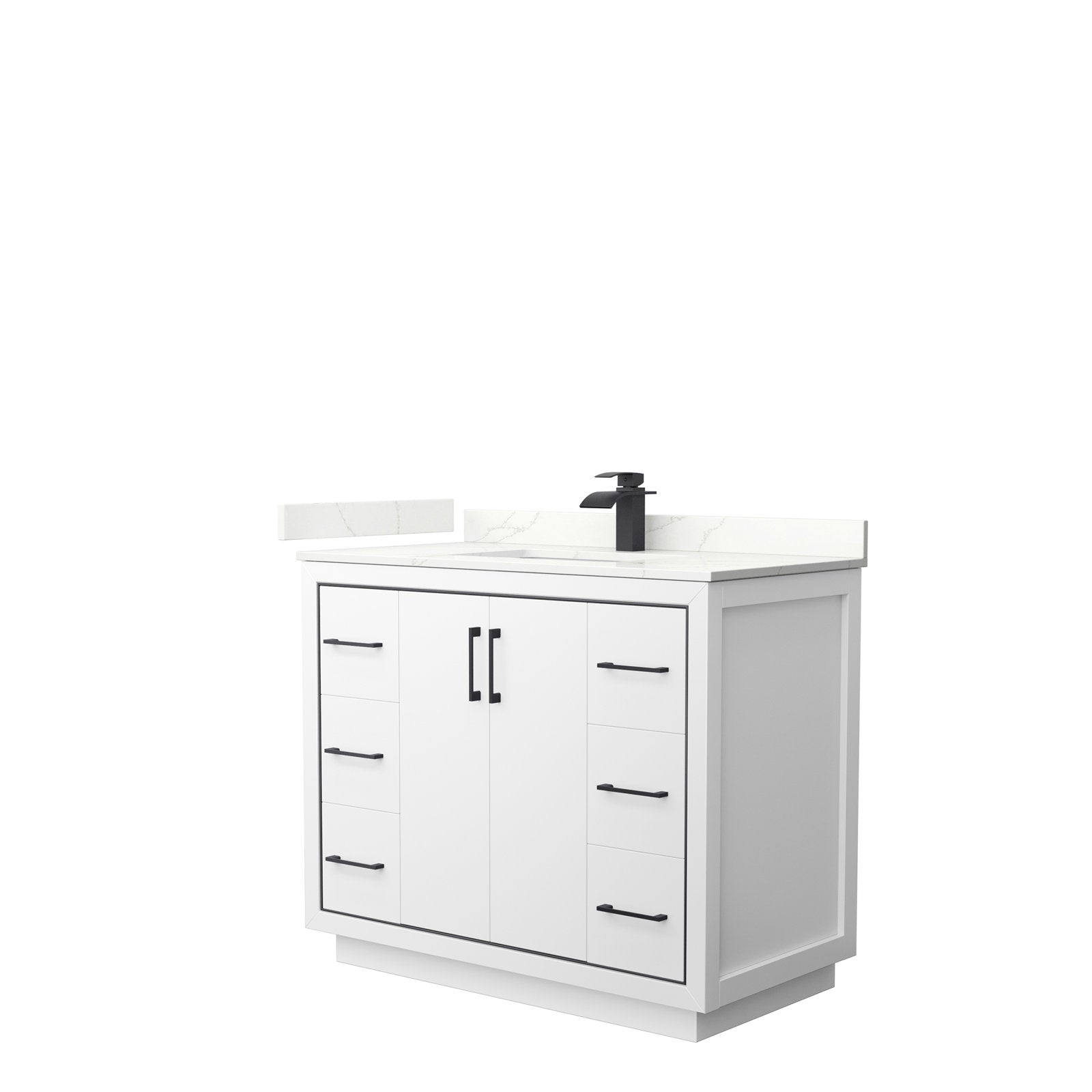 42-inch modern solid wood bathroom vanity in stone finish with white stone countertop and integrated ceramic sink, matte black single-handle faucet, six side drawers and central double-door storage with black handles.
