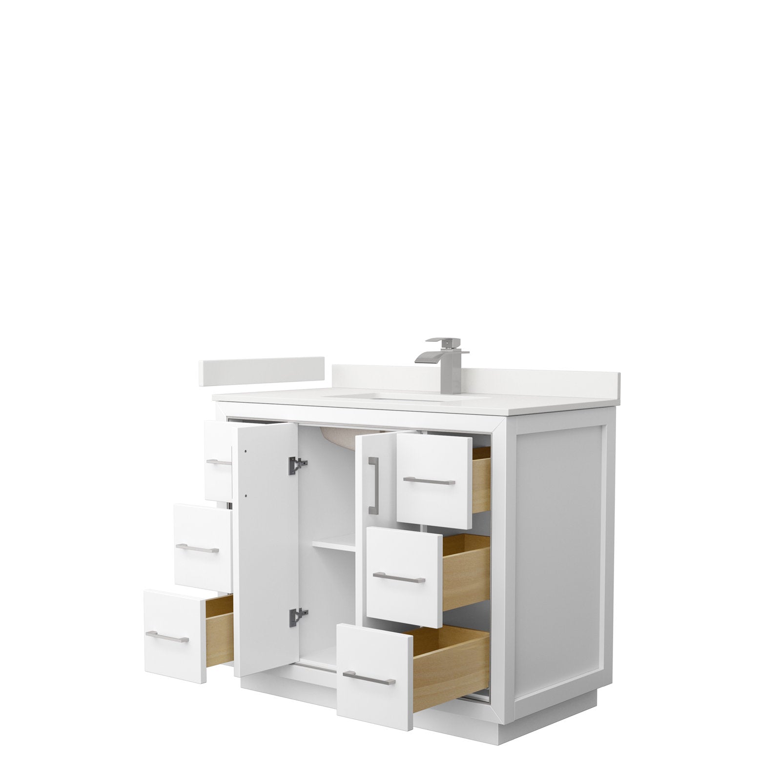 Modern 42-inch solid wood bathroom vanity with stone top and integrated single sink, brushed-nickel faucet, six open drawers showing wood interiors and a central cabinet with an internal shelf.