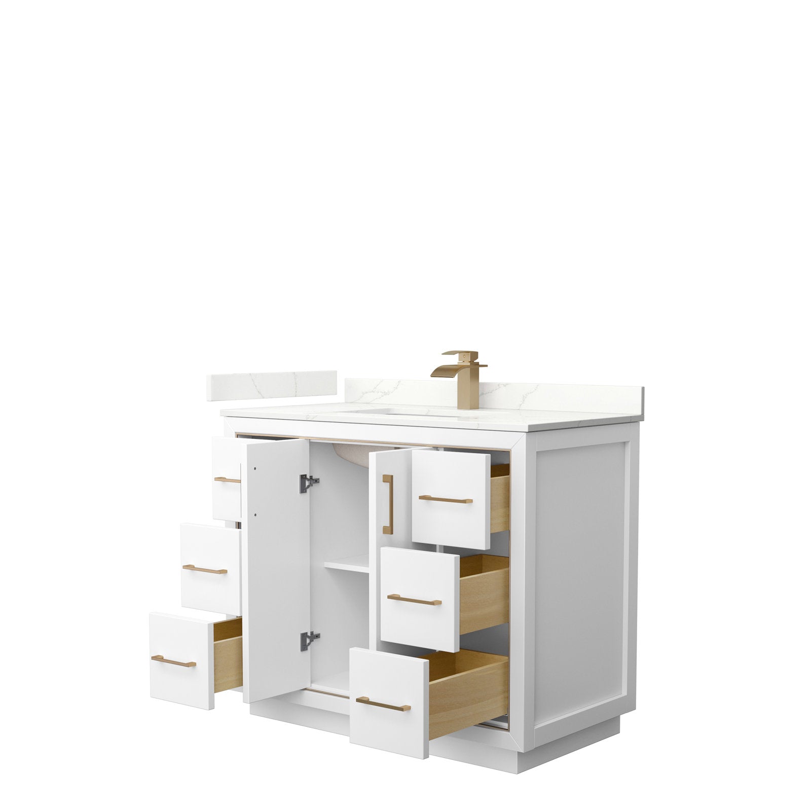 Modern 42-inch solid wood single-sink bathroom vanity in white with a stone countertop, brushed brass faucet and hardware, showing multiple open drawers and a central cabinet with light wood interiors for storage.