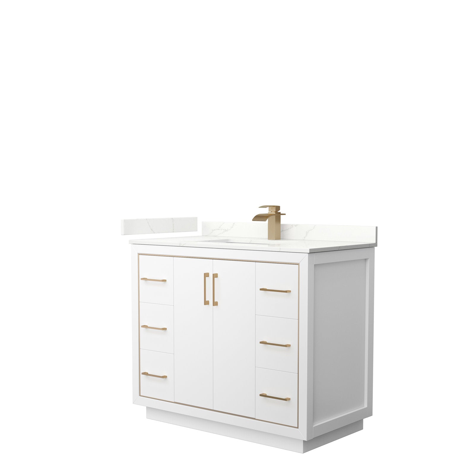 42-inch modern freestanding solid wood bathroom vanity with a stone top, integrated single rectangular ceramic sink, brushed gold faucet and matching gold handles, four side drawers and central double-door cabinet.