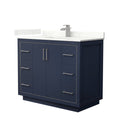 Modern 42-inch solid wood navy bathroom vanity with white stone countertop and backsplash, single sink, brushed nickel faucet and matching metal handles on a freestanding base.