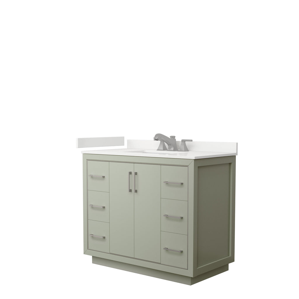 42-inch modern solid wood bathroom vanity with stone top and integrated ceramic sink — freestanding design with central double doors, three drawers per side, and brushed-nickel handles.
