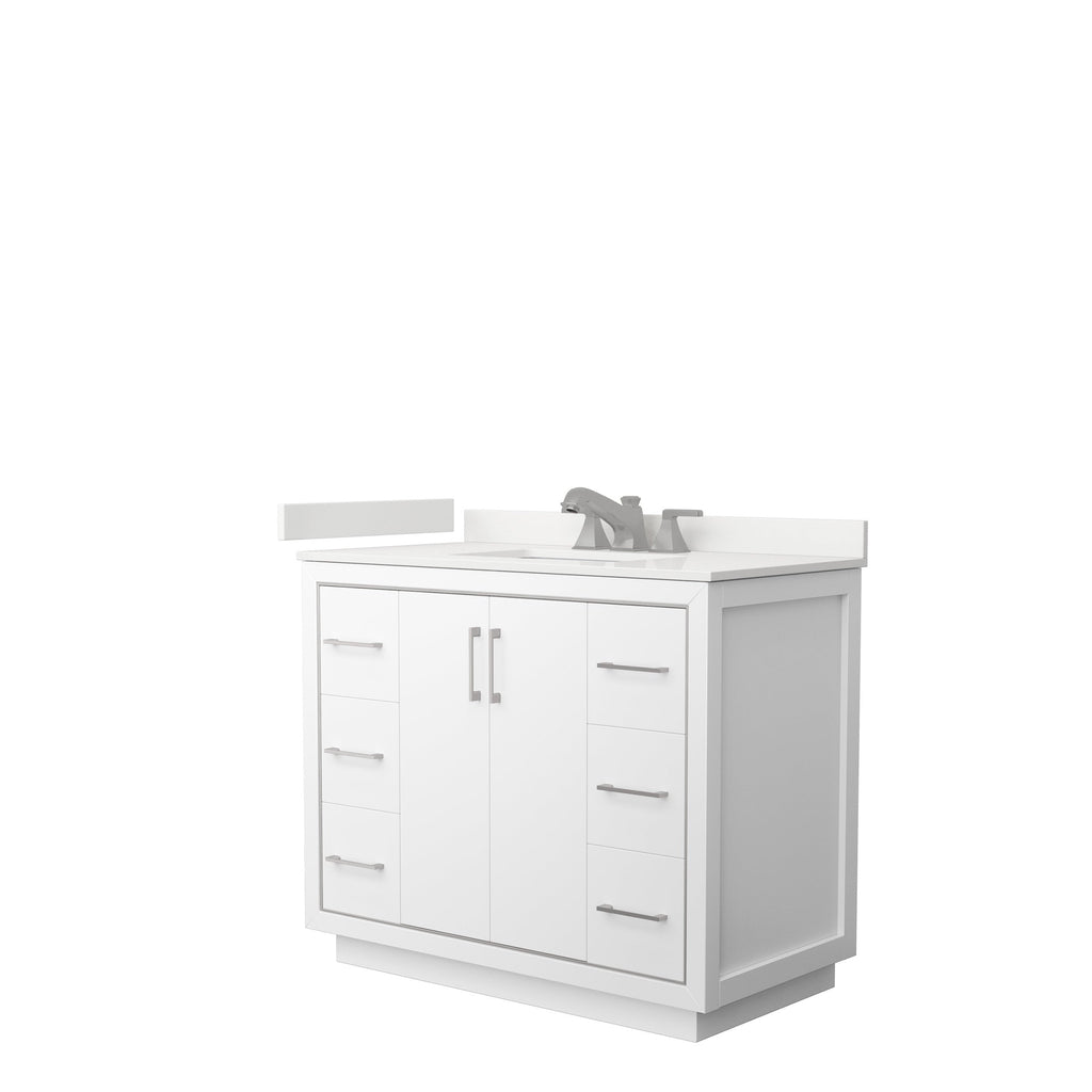 Modern 42-inch solid wood single-sink bathroom vanity in white with a stone countertop, integrated rectangular sink, brushed-nickel bar handles, center double doors and six side drawers.
