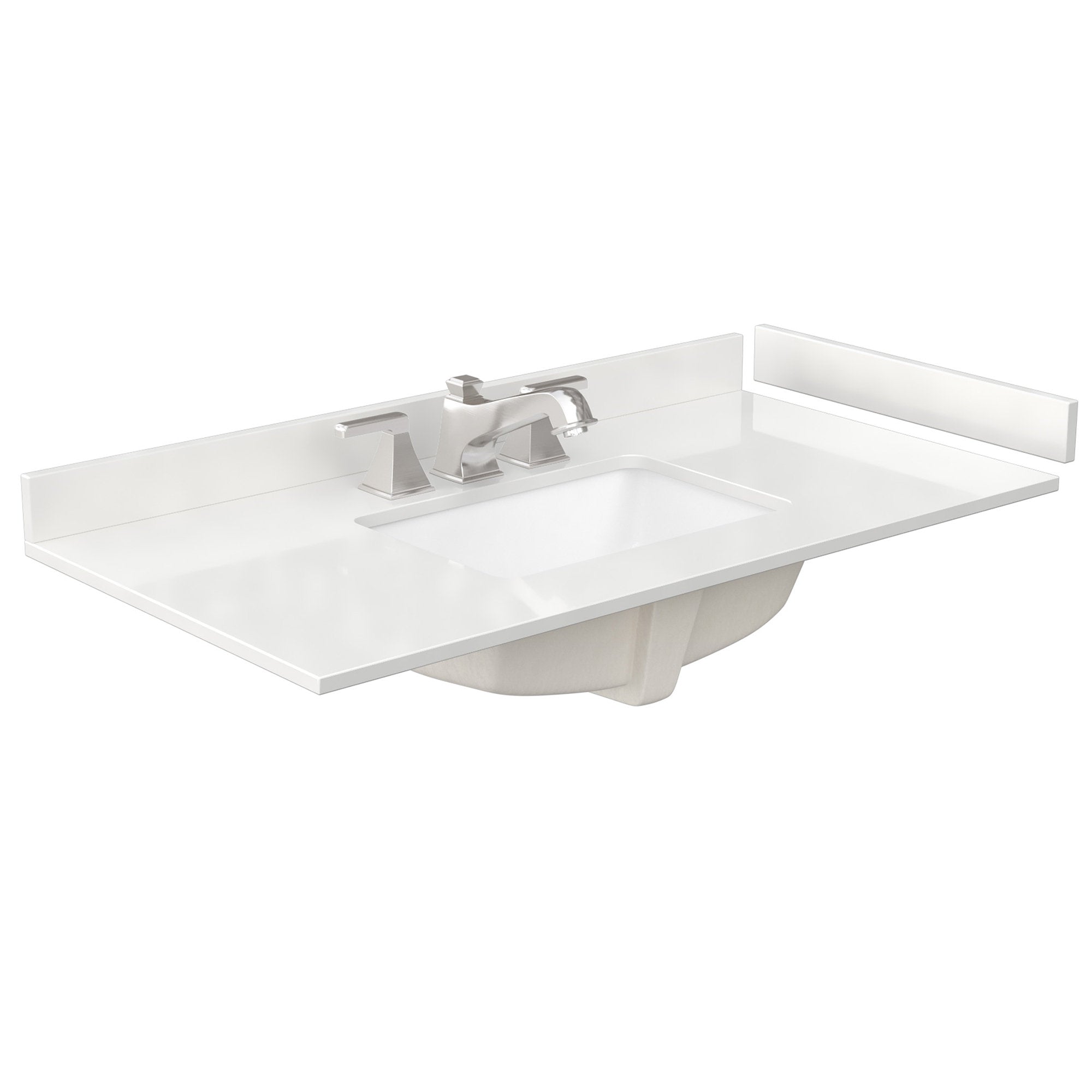 Modern stone vanity top in a stone-white finish with an integrated rectangular sink, short backsplash and a two-handle brushed chrome faucet, shown at an angle with the sink basin visible beneath.