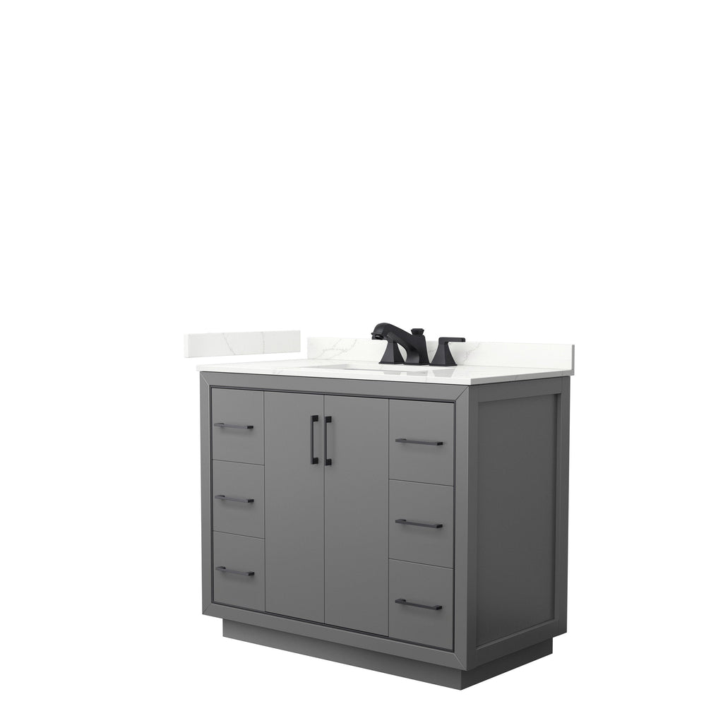 42-inch modern solid wood bathroom vanity in stone-gray with a white stone countertop and integrated sink, matte black faucet and matching black bar handles, two center doors flanked by three drawers on each side.