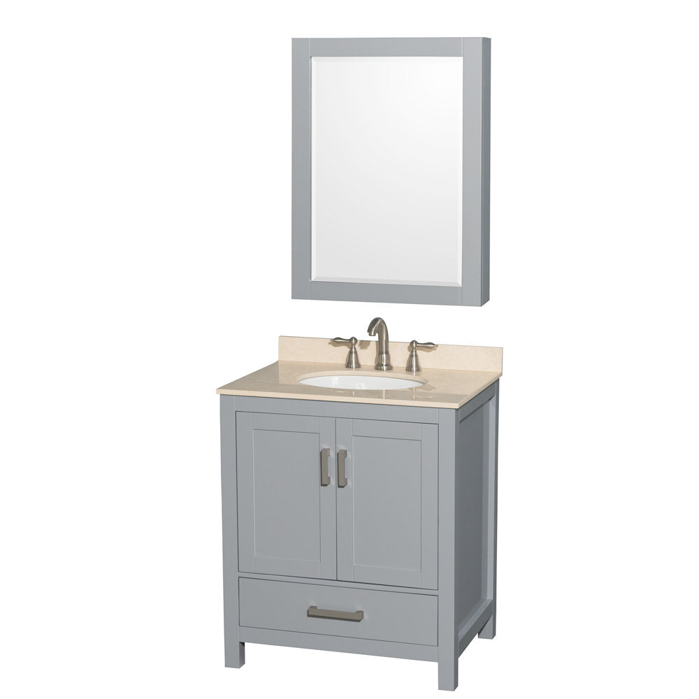 Contemporary 30-inch freestanding gray solid-wood bathroom vanity with beige stone countertop, undermount ceramic sink, brushed nickel faucet, two-door cabinet, bottom drawer and matching framed mirror.