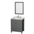 Modern gray solid wood bathroom vanity with marble-look stone countertop, white undermount ceramic sink, brushed nickel faucet, two shaker cabinet doors, lower drawer and matching rectangular framed mirror.