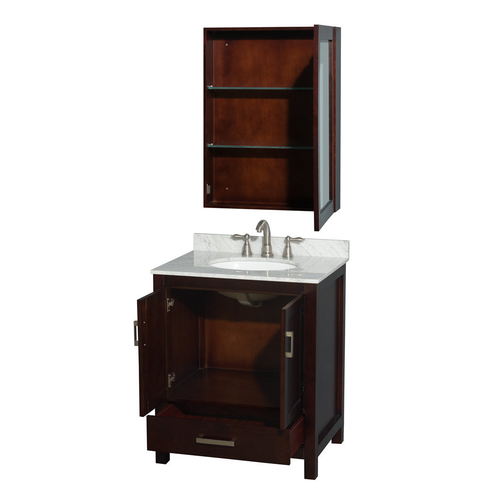 Contemporary 30-inch single-sink solid wood bathroom vanity with stone countertop and brushed nickel faucet; lower cabinet doors and drawer open to reveal storage, shown with matching wall cabinet with glass shelves and mirrored door.