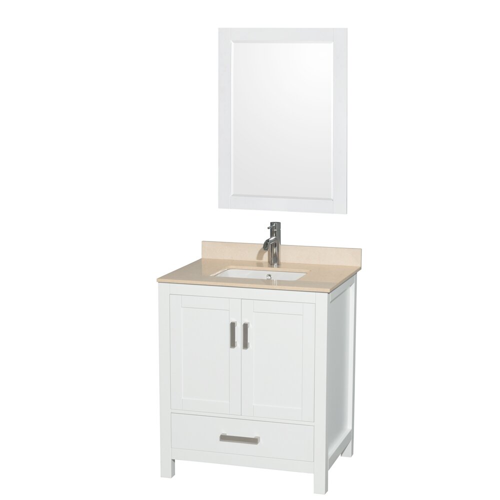 Freestanding modern white solid-wood bathroom vanity with a stone-colored countertop, undermount ceramic sink, chrome single-handle faucet, two-door cabinet, lower drawer and matching framed mirror.