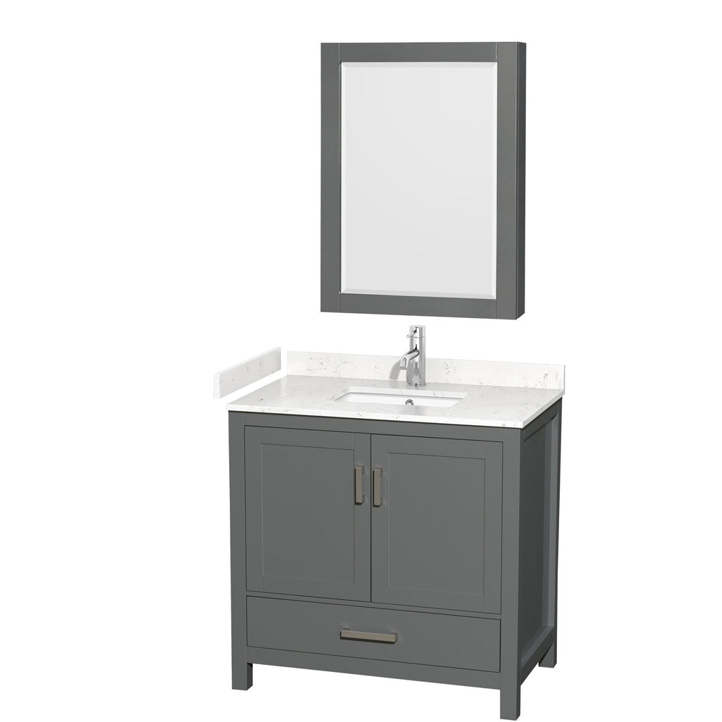 36-inch gray solid wood single-sink bathroom vanity with white stone countertop and integrated rectangular undermount sink, chrome faucet, shaker-style cabinet doors, bottom drawer, and matching gray framed mirror.