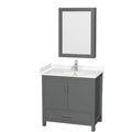 36-inch gray solid wood single-sink bathroom vanity with white stone countertop and integrated rectangular undermount sink, chrome faucet, shaker-style cabinet doors, bottom drawer, and matching gray framed mirror.