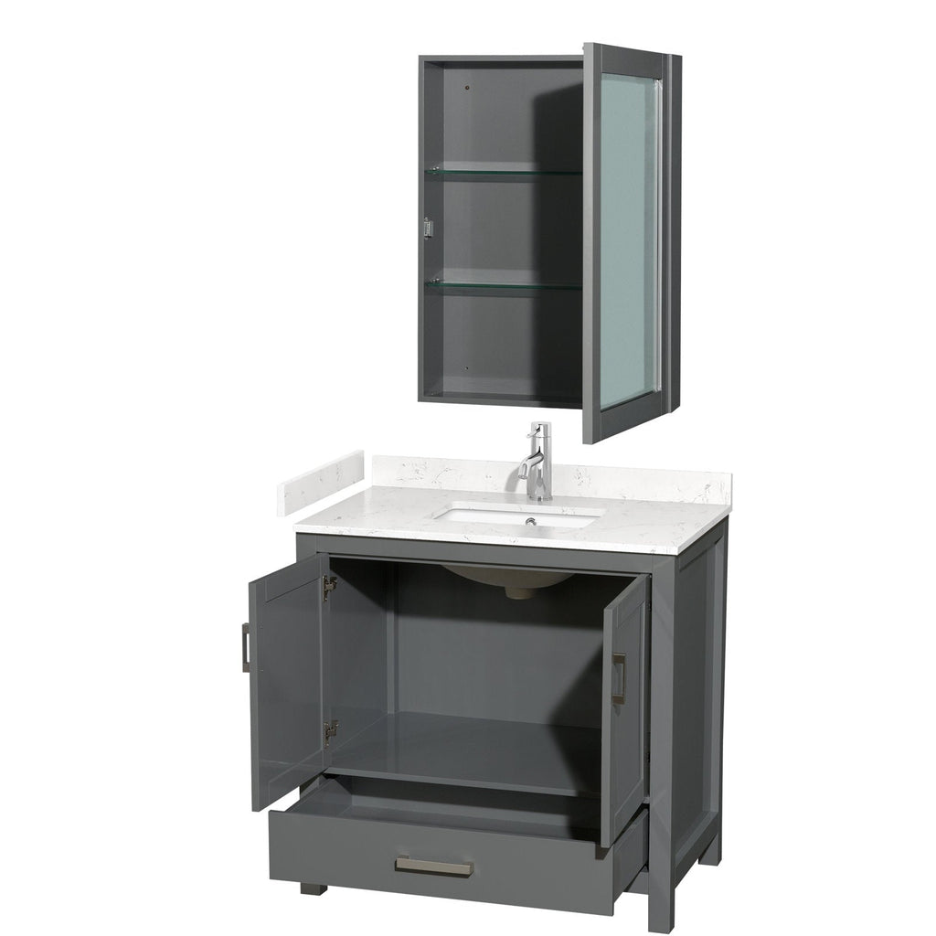 Contemporary freestanding gray wood vanity with white stone countertop and integrated single sink, chrome faucet, open lower cabinet doors and drawer, plus matching wall medicine cabinet with glass shelves.