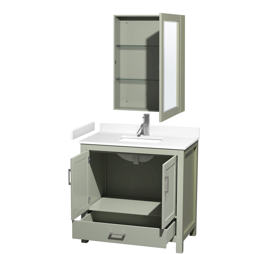 Modern 36-inch freestanding solid-wood bathroom vanity in stone finish with white stone countertop and integrated rectangular sink, chrome single-handle faucet, open lower cabinet and drawer, plus mirrored medicine cabinet with glass shelves.