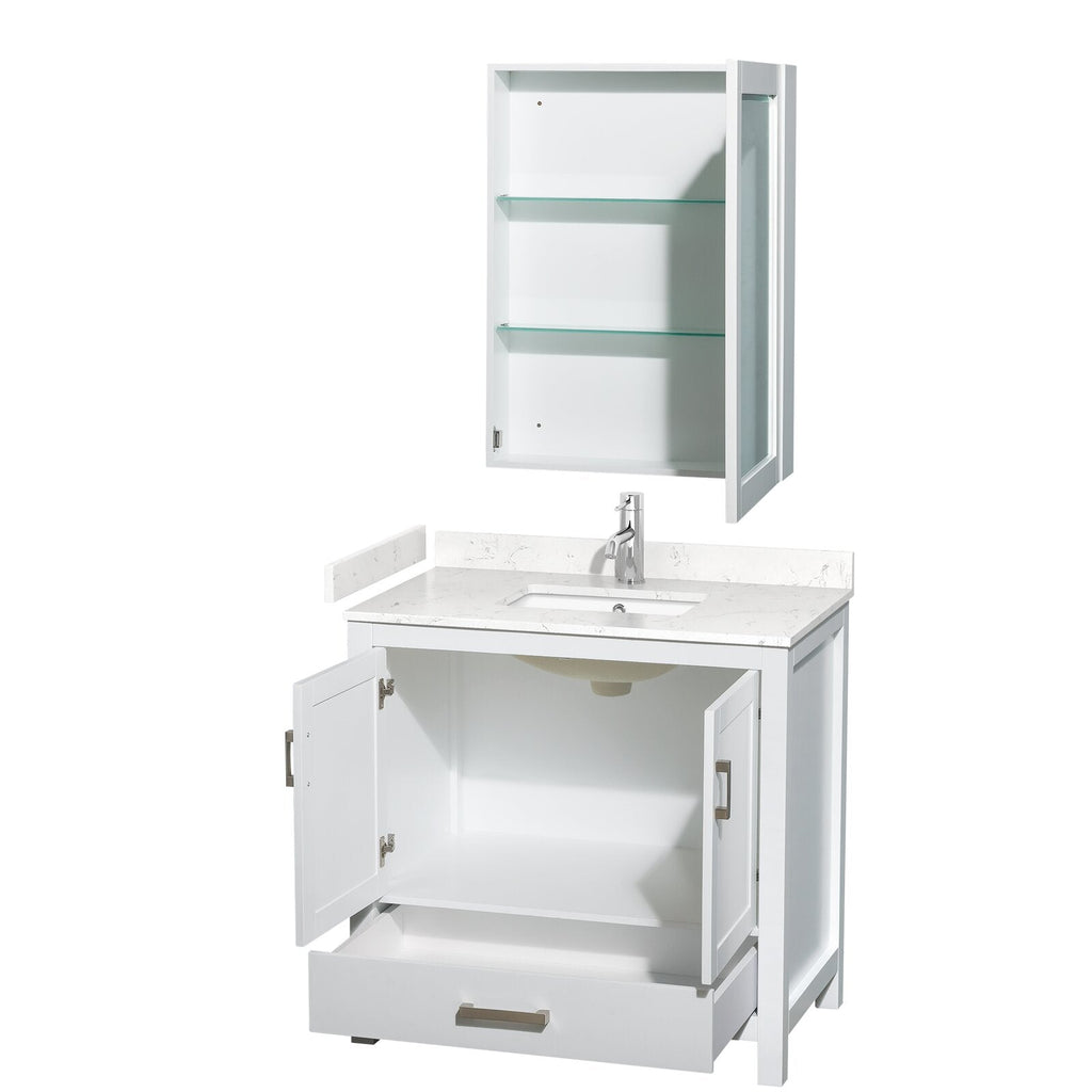 Modern white solid-wood bathroom vanity with a stone countertop and integrated rectangular sink, chrome single-handle faucet, open double-door cabinet and lower drawer, shown with matching wall-mounted medicine cabinet with glass shelves.
