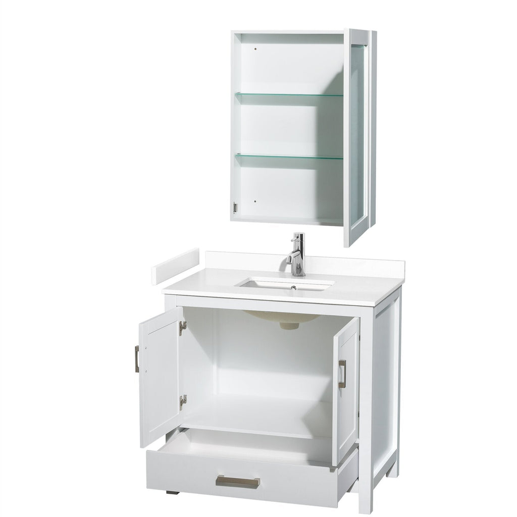 Modern white 36-inch single-sink bathroom vanity in solid wood with a stone countertop and chrome faucet; lower cabinet doors and drawer open, plus a matching wall-mounted medicine cabinet with glass shelves.