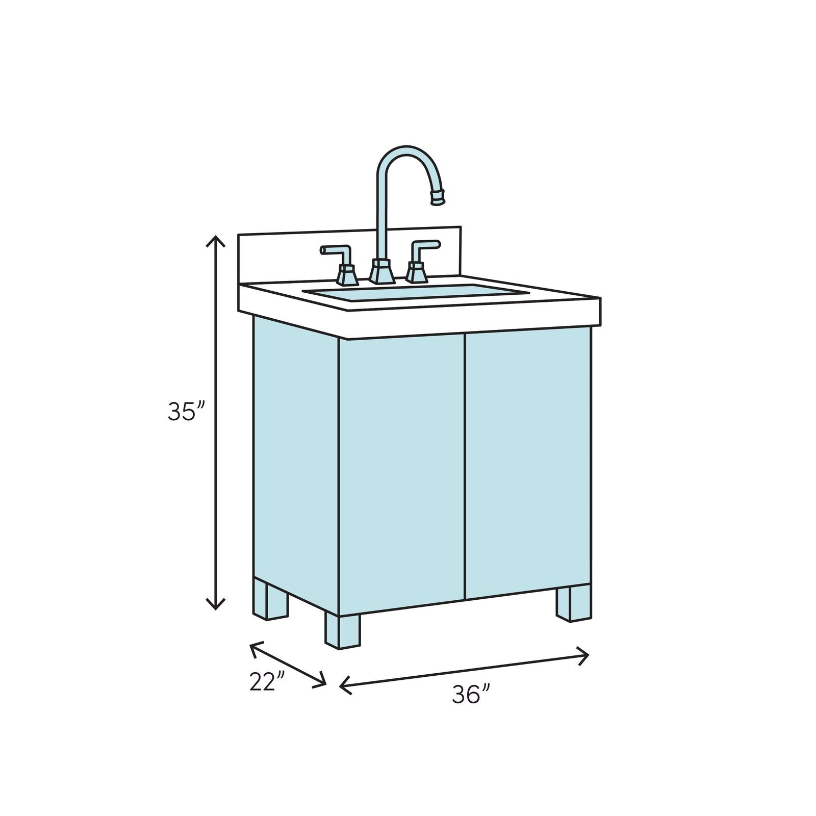 Illustration of a modern freestanding solid wood bathroom vanity in stone with a stone top and integrated rectangular ceramic sink, two-door cabinet on block legs with single-sink faucet, shown at 36 in W x 22 in D x 35 in H.