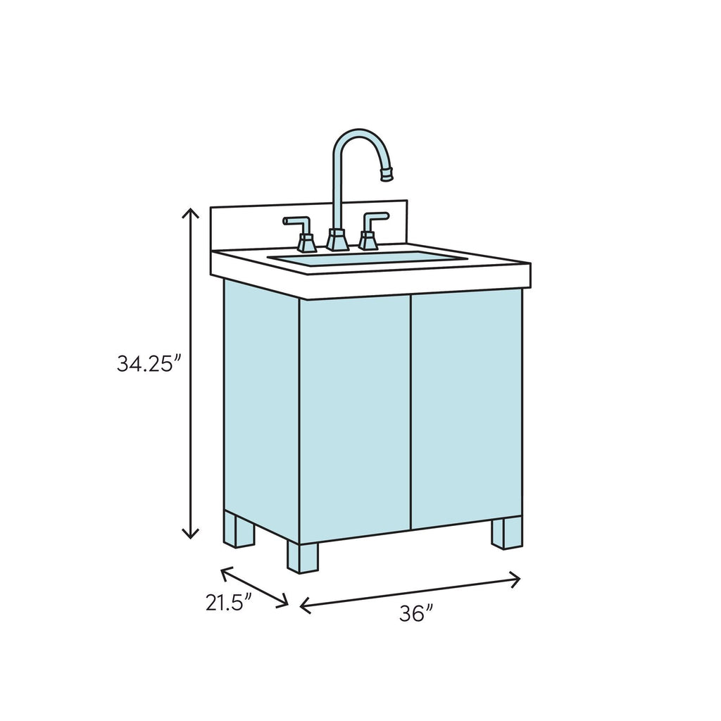 Diagram of a 36 in. freestanding modern bathroom vanity with a stone countertop and ceramic single sink, solid wood two-door cabinet on legs, center faucet and labeled dimensions: 36 in. wide, 21.5 in. deep, 34.25 in. high.